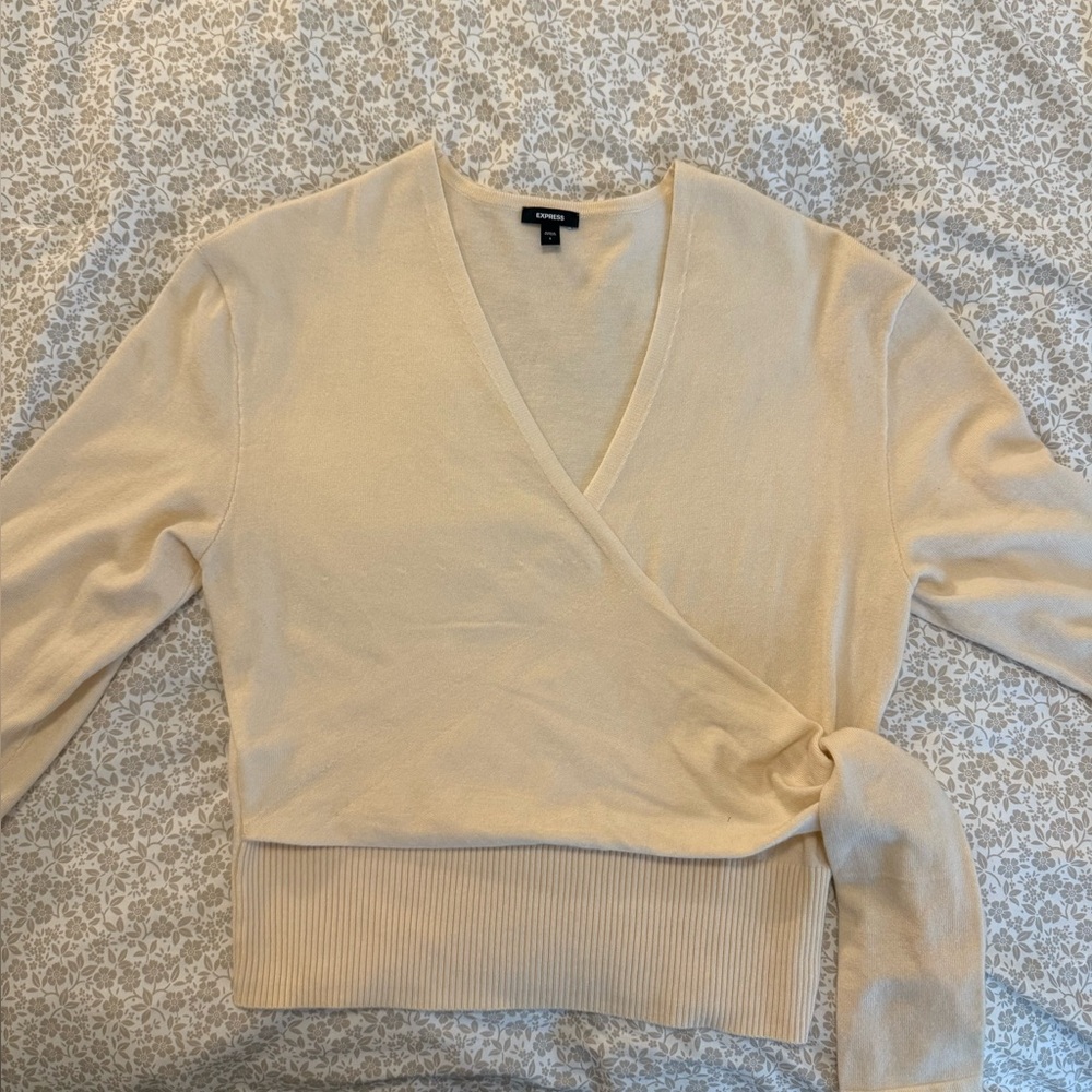 Express Tie-Front Wrap Sweater (Beige)